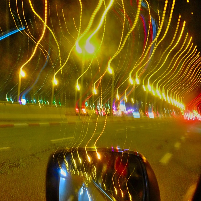 Dancing lights caused by moving camera, at airport
