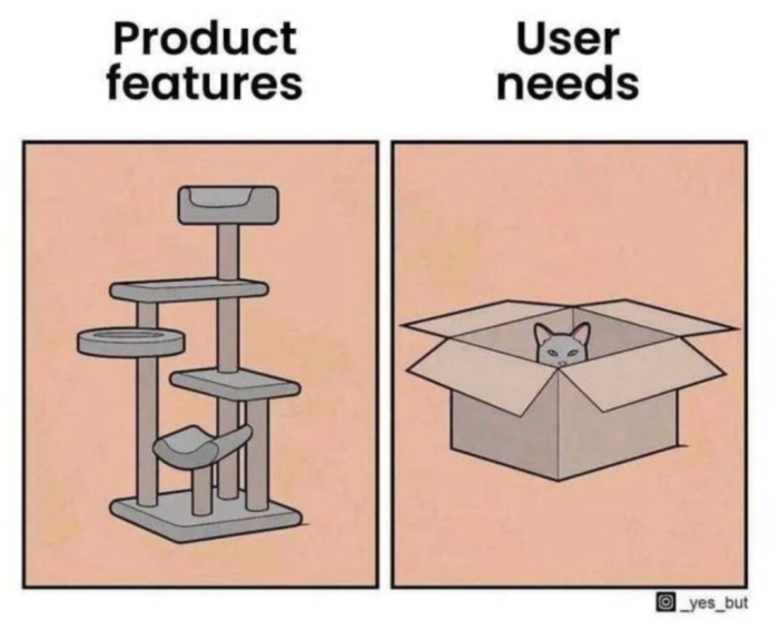 product features vs user needs (cartoon showing complicated structure on one side, and a cat in an empty box on the other.